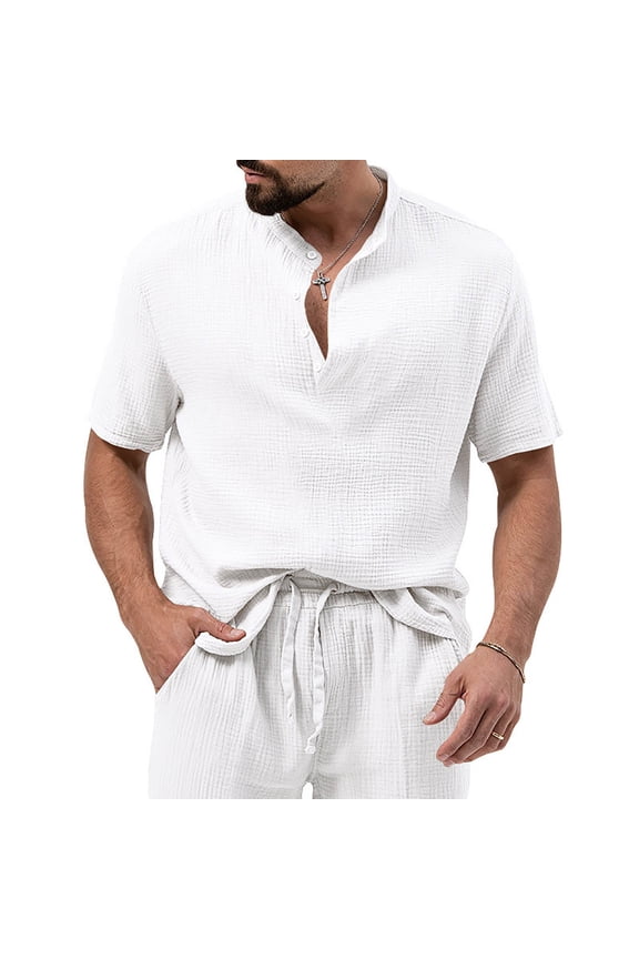 Short Sleeve Shirt for Men,Big Summer Bubble Cloth Light Mature Casual Short Sleeved Men's Summer Refreshing Button Stock Standing Neck Fashion T-shirt