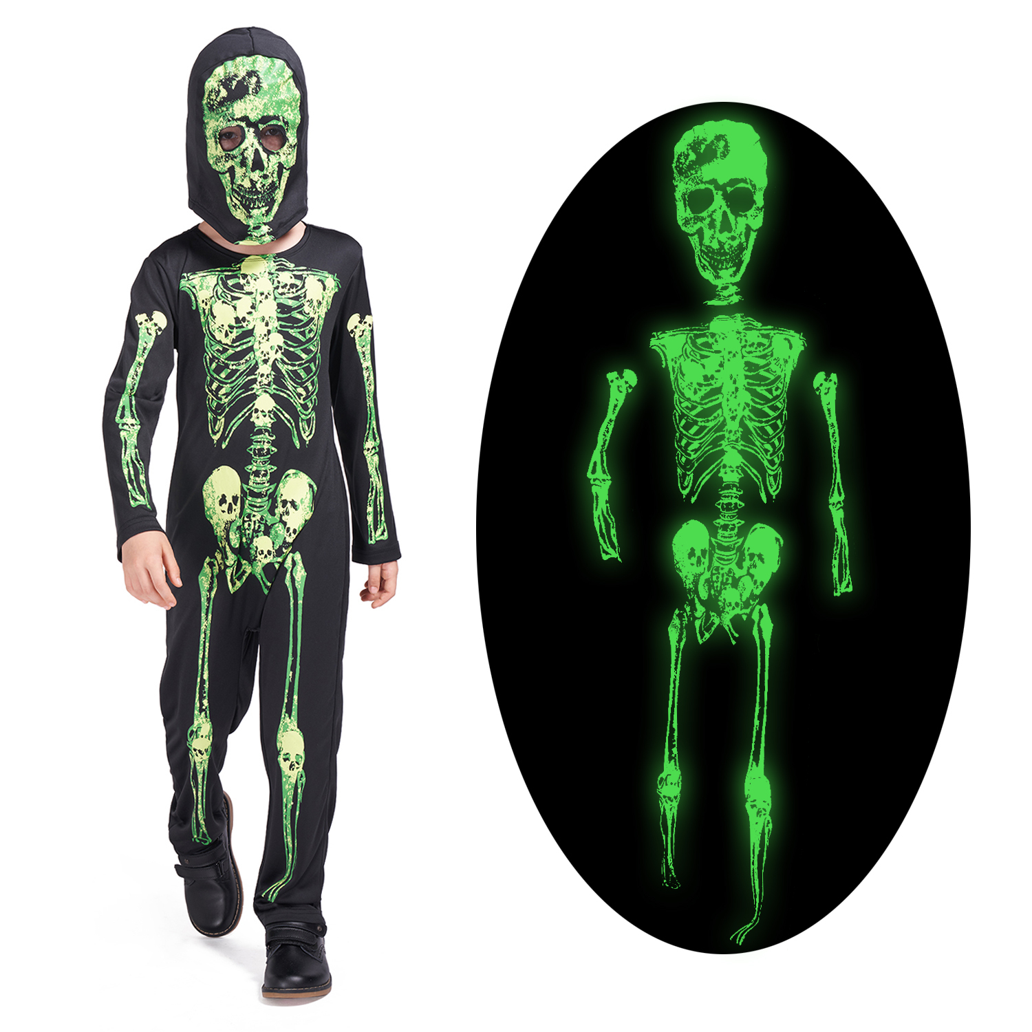 Lingway Toys Halloween Skeleton Costume, Green Skull Glow Green Light