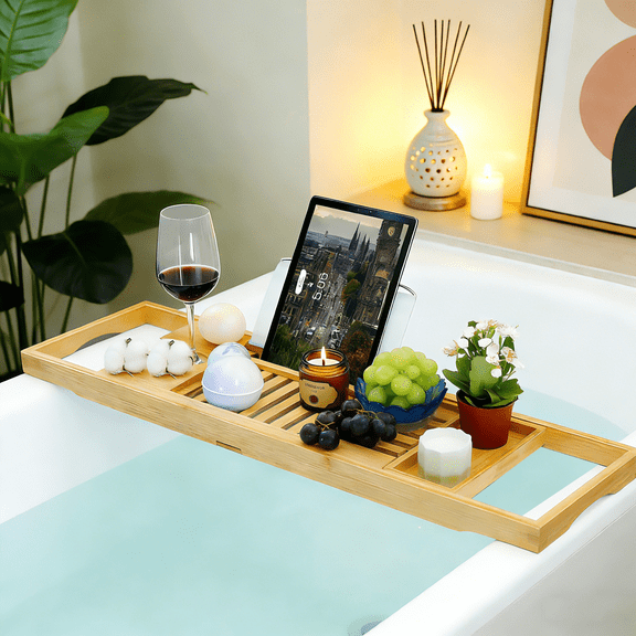 LA BELLEFEE Expandable Wooden Bathtub Caddy Tray with Tablet, Wine & Book Holder, Bathroom Accessory for Home Spa & Mom Gift