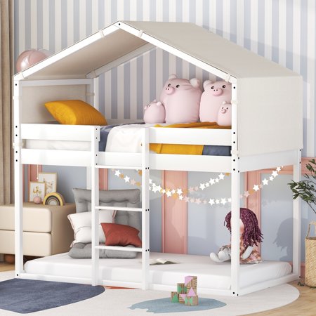 Bellemave Twin House Bunk Bed, Wood Twin over Twin Bunk Bed with Tent for Top Bed, Low Bunk Bed for Toddler, Kids, Boys & Girls (White)