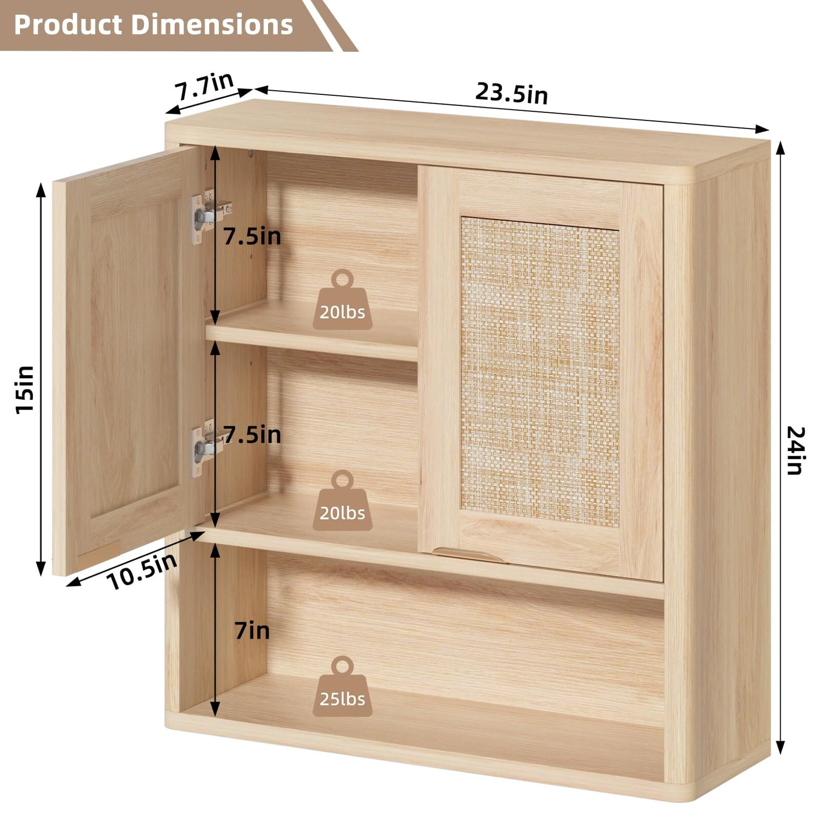 LELELINKY Rattan Wood Bathroom Wall Cabinet with Adjustable Shelf, Boho Medicine Cabinet for over Toilet Storage, Laundry Room, Natural