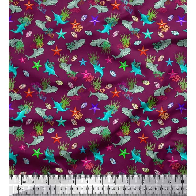 Soimoi Poly Georgette Fabric Coral,Whale & Starfish Ocean Print Fabric by The Yard 42 Inch Wide