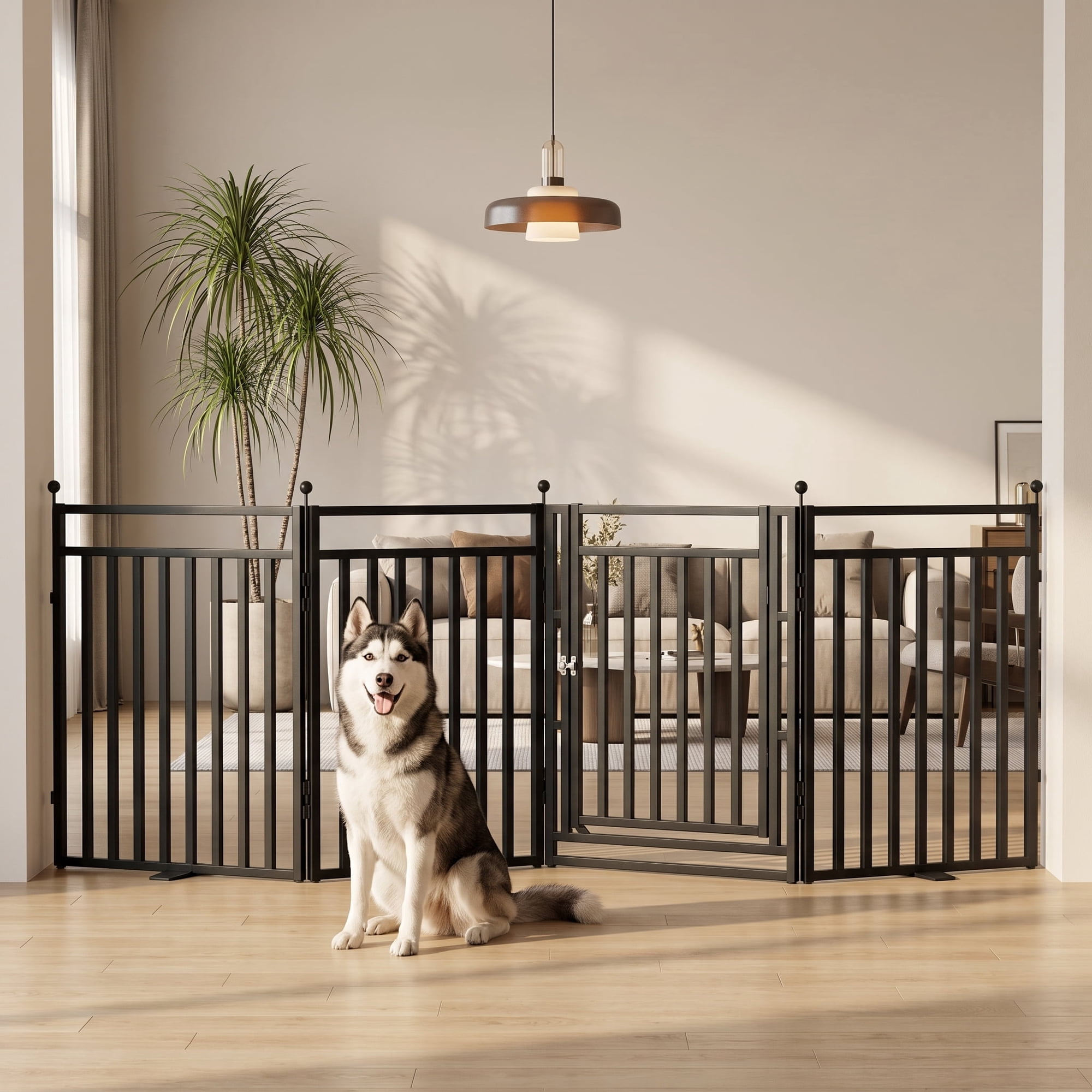 Solidee 32"x96" Freestanding Dog Gates, Foldable Dog Fence Indoor with Door for Doorways Extra Tall & Wide, Snowblack