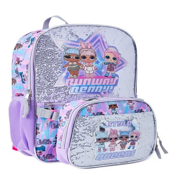 L.O.L Surprise! Runway Ready Girls 17" Laptop Backpack 2-Piece Set with Lunch Tote Bag, Silver Purple
