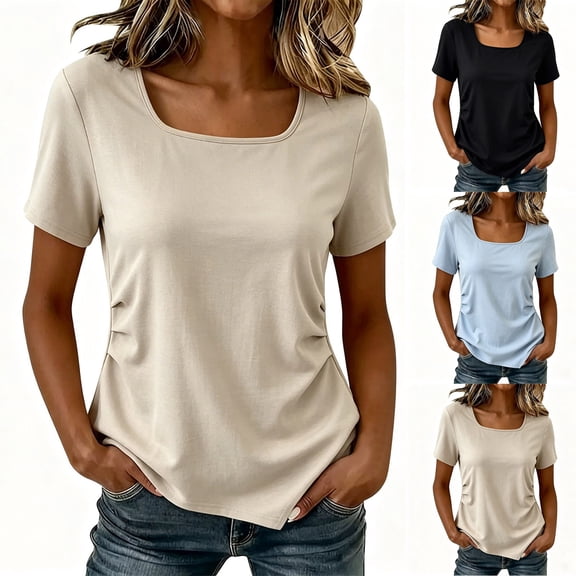 Thousandth Women's Square Neck Blouses Plus Size T-Shirt Trendy Short Sleeve Soft Breathable Summer Shirts Plain Casual Slim Fit Daily Tops