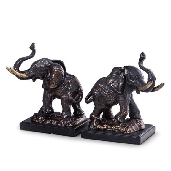 Bey-Berk International R18P Cast Metal Elephant Bookends with Bronzed Finish on Black Marble Base