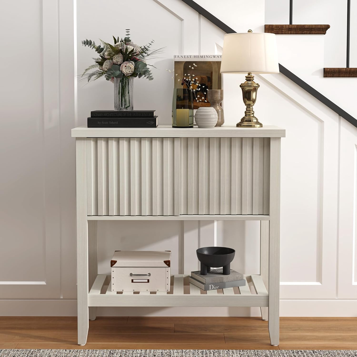 FROMJBEST 31.5" Black Entryway Console Table with Sliding Drawer Doors and Storage Shelf for Hallway, Living Room, or Office