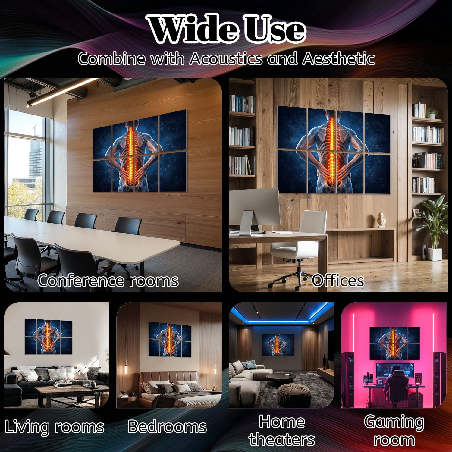 Medical 8 Pack Art Acoustic Panels Sound Absorbing Human Spine Anatomy Glowing Vertebrae Medical Decorative Soundproof Wall Panels Self Adhesive for Classroom Hospital 48"x32"