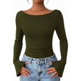 thumbnail image 3 of Women'S Long Sleeve Shirts Crop Going Out Tops Casual Boat Neck Bell Sleeve Ruched Green M, 3 of 9