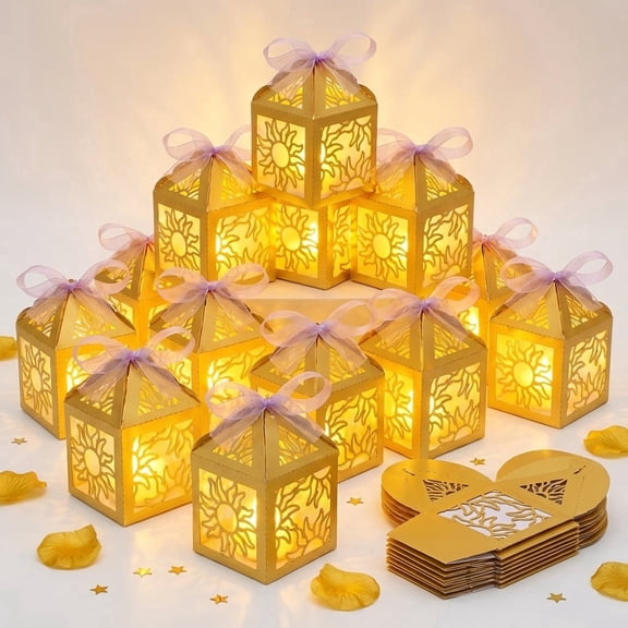 Atopoler Sun Lantern Centerpieces,Decoration Paper Box with Ribbon Sun Cutout for Birthday Party,Candle Not Included,15 Pcs,Gold Color