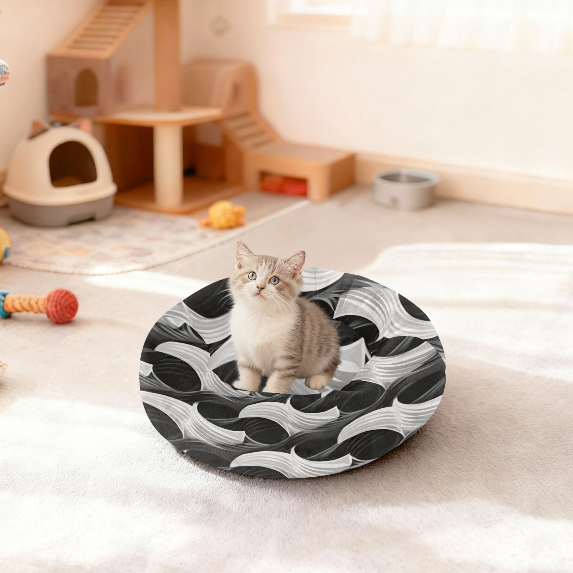 Iauyy Pet Couch Donut Cat Bed for Indoor Cats/Small Dogs Washable & Machine with Non-slip Bottom Calming Cat Furniture, Shapes Overlap Each Other (S)
