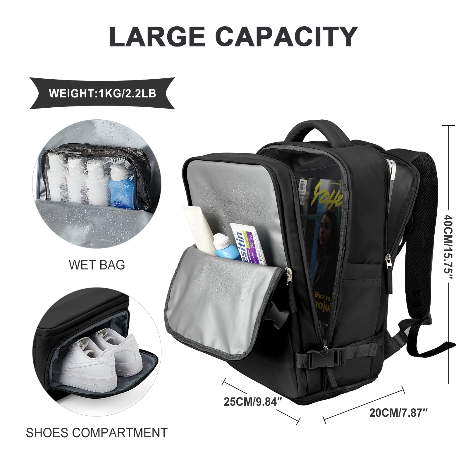 Large Travel Backpack for Women Men Airplane Approved, Carry on Backpack for Men Personal Item Travel Bag Carry on Flight, Waterproof Laptop Backpack Casual Daypack for Hiking with Shoes Compartment