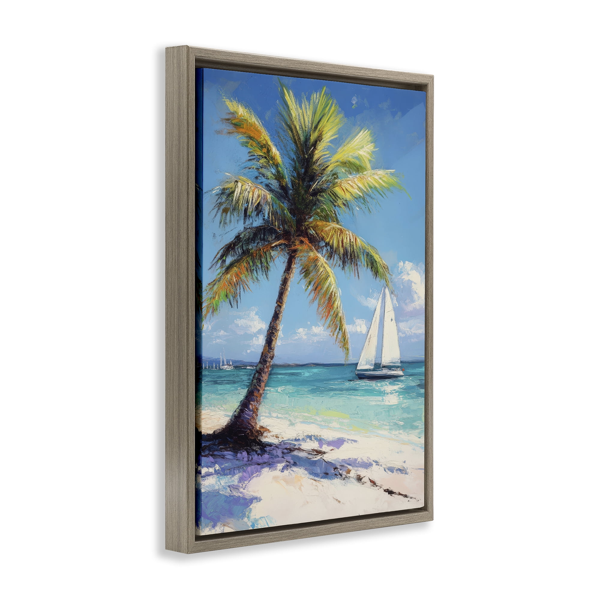 Stupell Industries Palms & Sails Beach View Brown Framed Floater Canvas Wall Art, design by Petal Prints Design