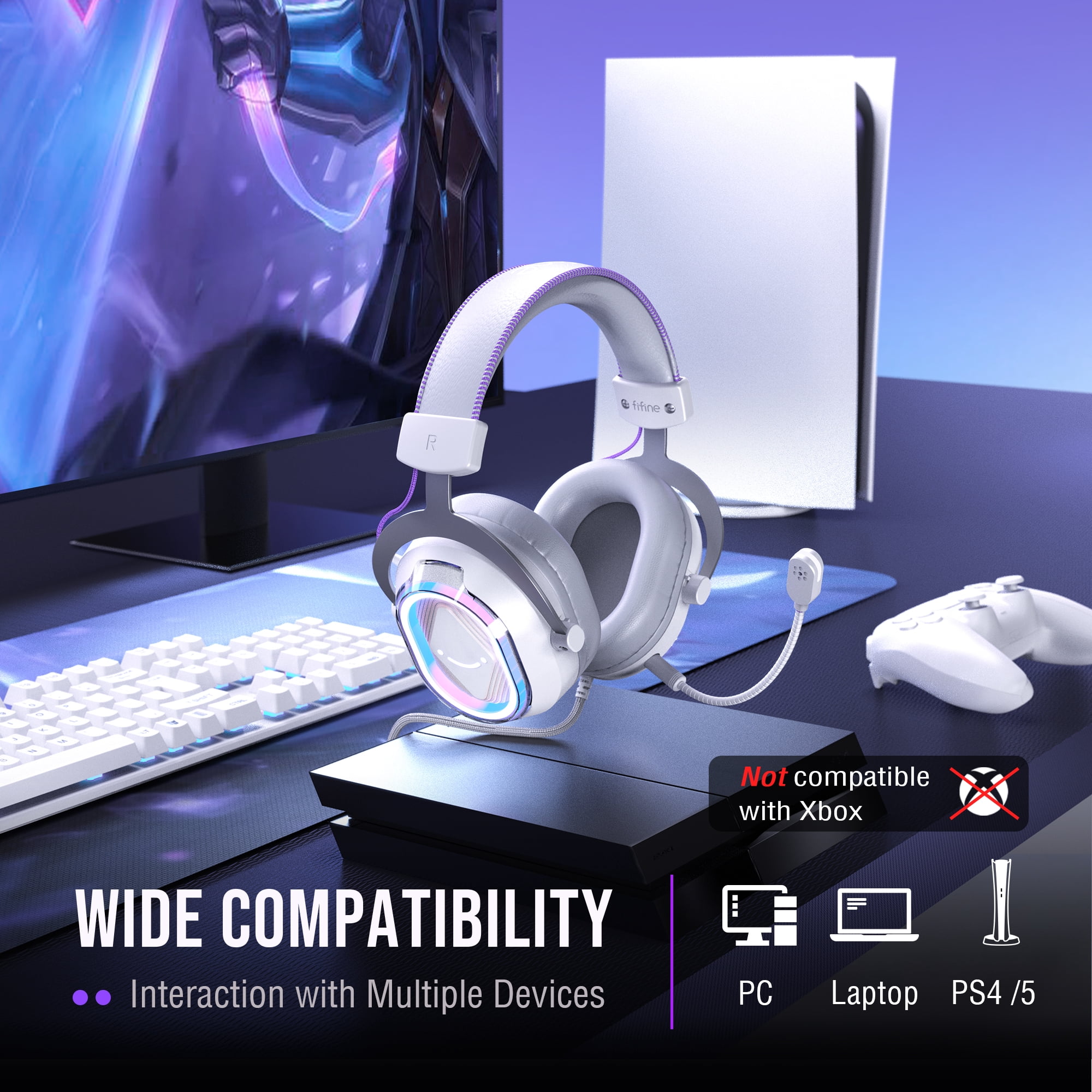 FIFINE Wired Gaming Headset with Noise Canceling Mic, USB Gamer Headphone for PC Computer, PS5/PS4 with RGB Control, 7.1 Sound, Chat/Game Balance, White H13