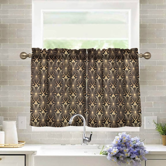 Yayeee Kitchen Curtains Tier Pair Light Filtering 27"x24" Rod Pocket Short Cafe Window Panel, Black Floral Pattern