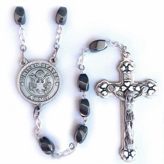 Singer Men's Women's 7mm Hematite Beads Rosary with Crucifix and U.S. Army Center | Color Black|Silver | Style Military, Crucifix, Saint
