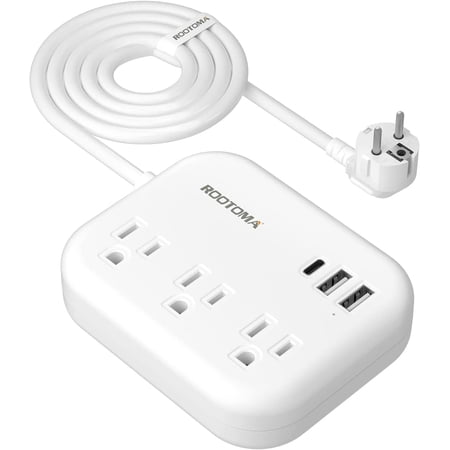 European Travel Plug Adapter with USB C, ROOTOMA Outlet Adapter US to Europe 3 Outlets 3 USB Ports, International Power Strip for EU Spain France Germany Iceland Greece, 3ft, White