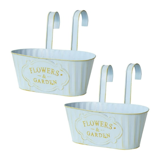 Metal Railing Planter with Drainage Holes – Sturdy Iron Hanging Flower Pot for Fence, Balcony & Yard, Countryside Style Bucket Planter, Detachable Hooks for Easy Setup