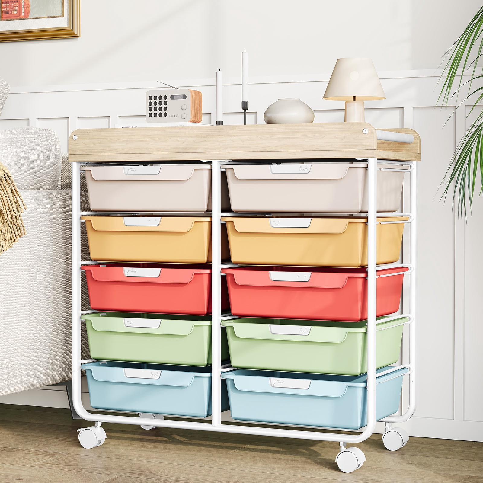 Rolling Storage Cart with 10 Drawers, KK KINGRACK Drawer Cart with Sturdy Frame for Craft Office School Storage, Rainbow