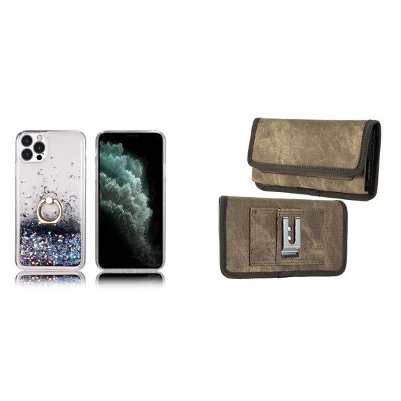 Waterfall Liquid Glitter Stand Case and Belt Holster Pouch for iPhone 14 Pro Max (Black/Brown)