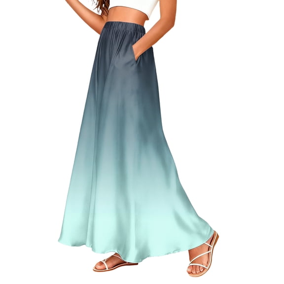 LWavelet Women Ombre Satin Maxi Skirt Elastic High Waist With Pockets Elegant Evening Long Skirt Sky Blue L