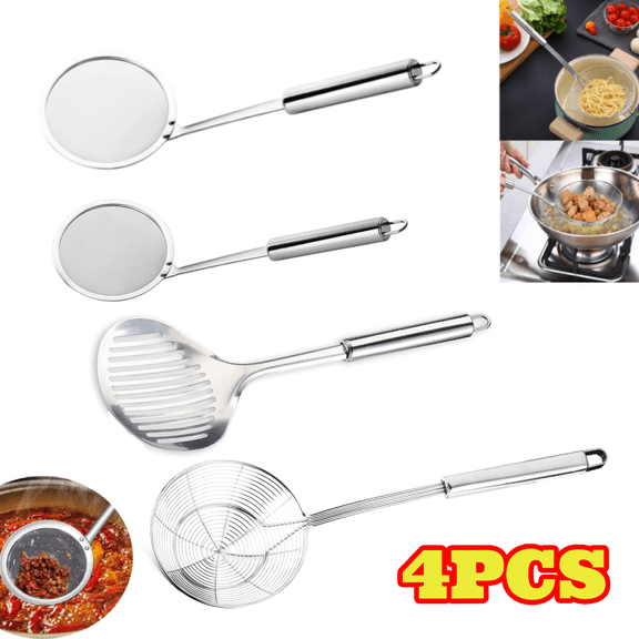 4pcs Spider Strainer with Mesh Fatsoff Soup Scoop, Stainless Steel Slotted Spoon, Fat Skimmer Spoon for Cooking and Frying, Kitchen Utensils Set