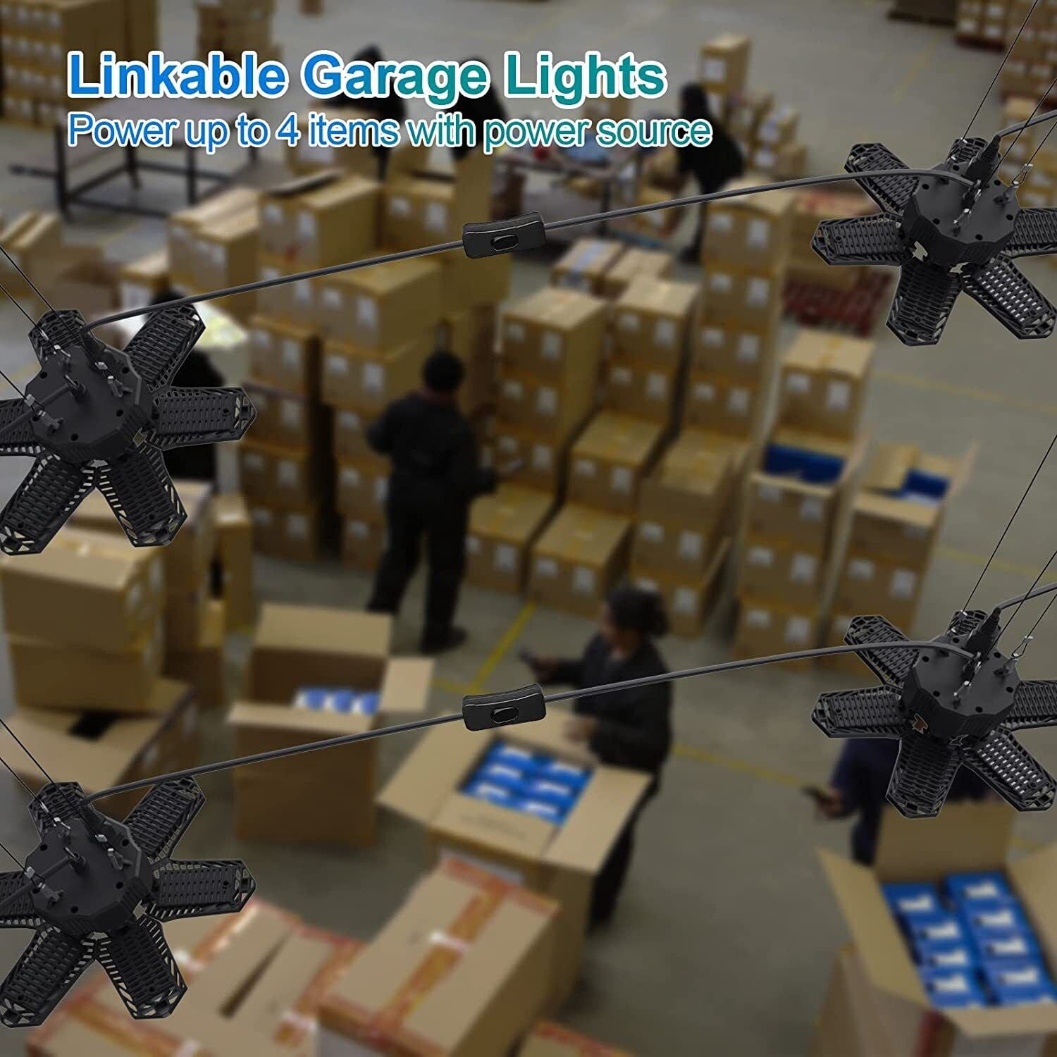 Brobantle Plug-In 200W LED Garage Ceiling Light Adjustable 6-Light 20000LM Deformable Panels Black 6500K