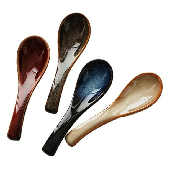 4-Piece Spoon, Japanese Style Lamian Noodles Spoon Set, Blue Ceramic Spoon, Retro Porcelain Spoon