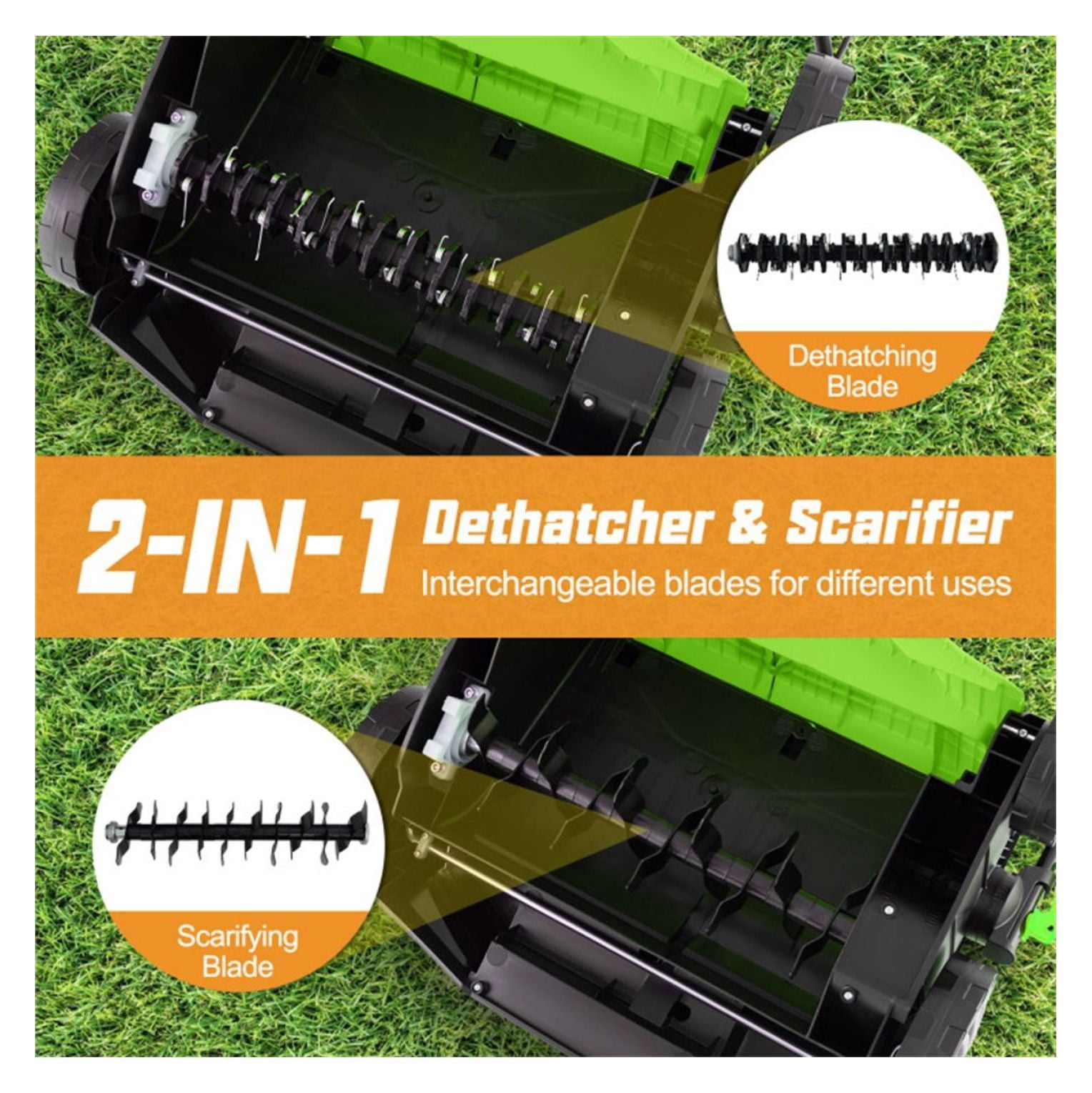 Electric Lawn Dethatcher, 16-Inch Corded Scarifier, 2-in-1 Adjustable Dethatching Machine with Grass Bag for Lawn Care - Green