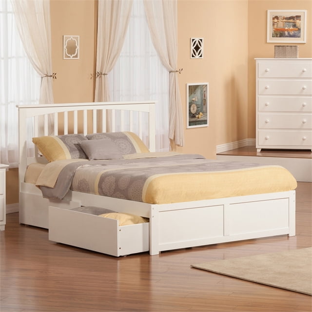 Lit Plateforme Grand en Bois Mission avec Pied de Lit et Tiroirs de Rangement, Blanc