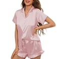 thumbnail image 2 of Yourumao Womens Satin Pajama Set Two Piece Short Sleeve Button Down Shirts and Ruffle Hem Shorts Striped Silky Pajama Sets for Loungewear, 2 of 9