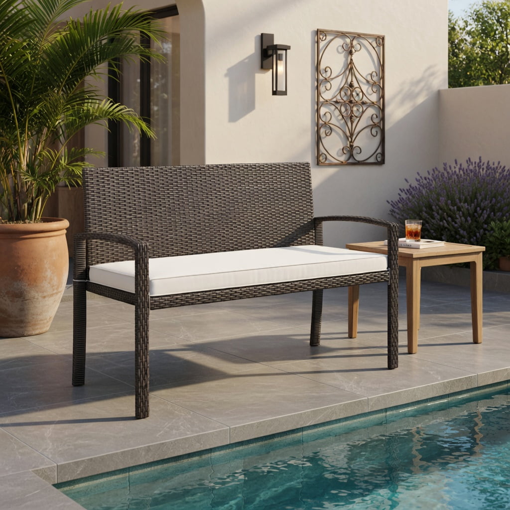 Hommoo 2-Seat Outdoor Wicker Loveseat Bench with Removable Off-White Cushions, PE Rattan & Metal Frame, Patio Garden Poolside Seating, Natural