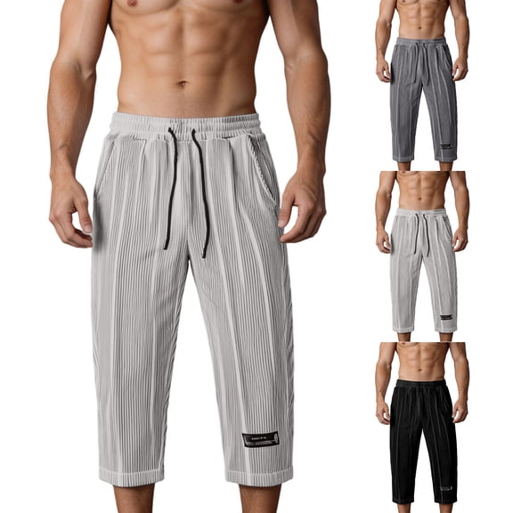 Men's Lightweight Long Beach Shorts Striped Textured Quick Dry Below Knee 3/4 Capri Pants with Pockets for Workout Running Training Summer Big and Tall Size S-4XL Gray