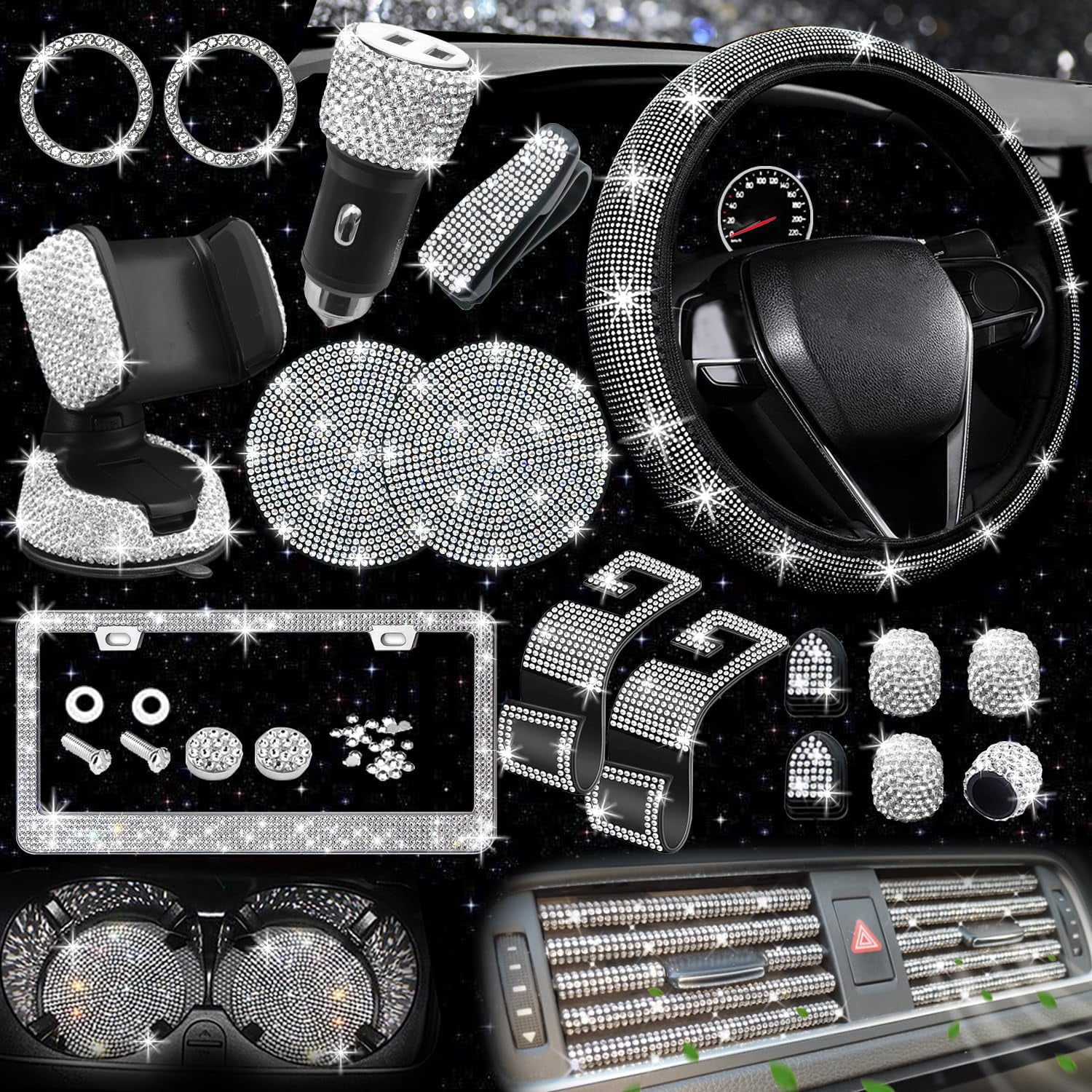 27 Pieces Bling Car Accessories Set for Women, Steering Wheel Covers Universal Fit 15 Inch, Bling Car Coasters, Bling License Plate Frame, Bling Phone Holder, Multicolor Diamond