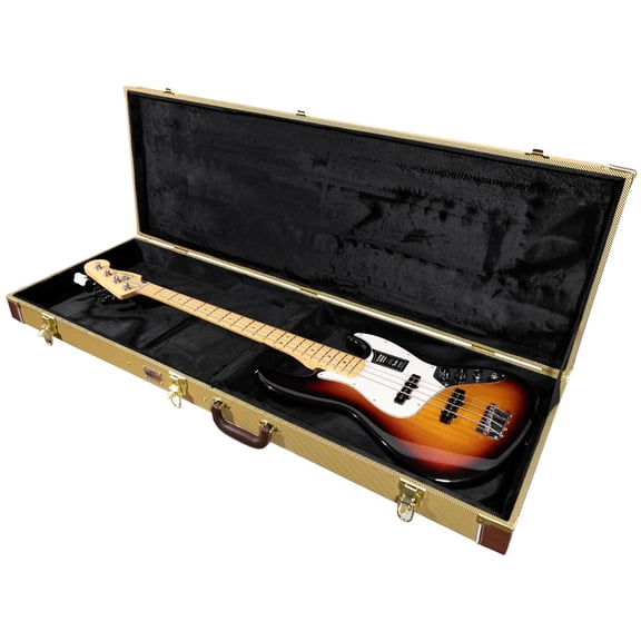 Gearlux Bass Guitar Hard Case, Fits Fender Precision/Jazz Bass and More with Exterior Lock and Key, Interior Accessory Compartment, and Plush Interior Padding - Tweed