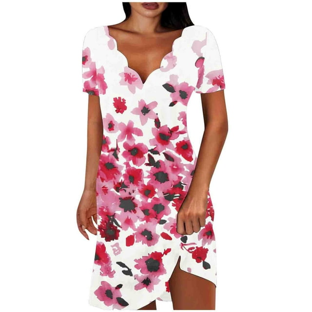 Birdeem Robes pour Femmes Mode Féminine Couleur Unie Manches Courtes Col en V Mi-Mollet