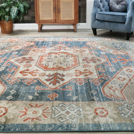 Rustic Medallion Plush Polypropylene Indoor Area Rug - 5' x 8', Blue by Blue Nile Mills