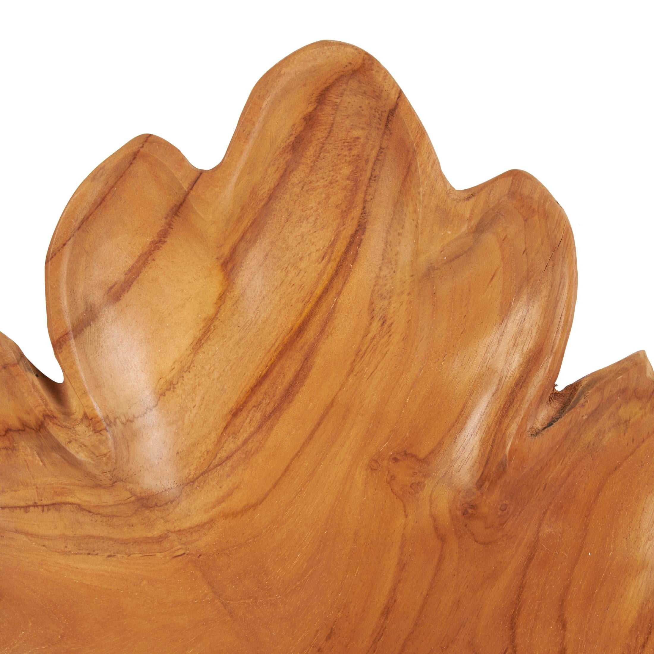 DecMode 17", 15", 13"H Brown Teak Wood Handmade Carved Leaf Tray, 3-Pieces