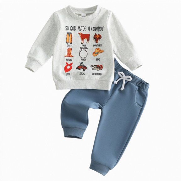 larppty Toddler Baby Boy Clothes Graphic Letter Print Long Sleeve Sweatshirts and Pants Fall Winter Outfit (Grey,18-24 Months)