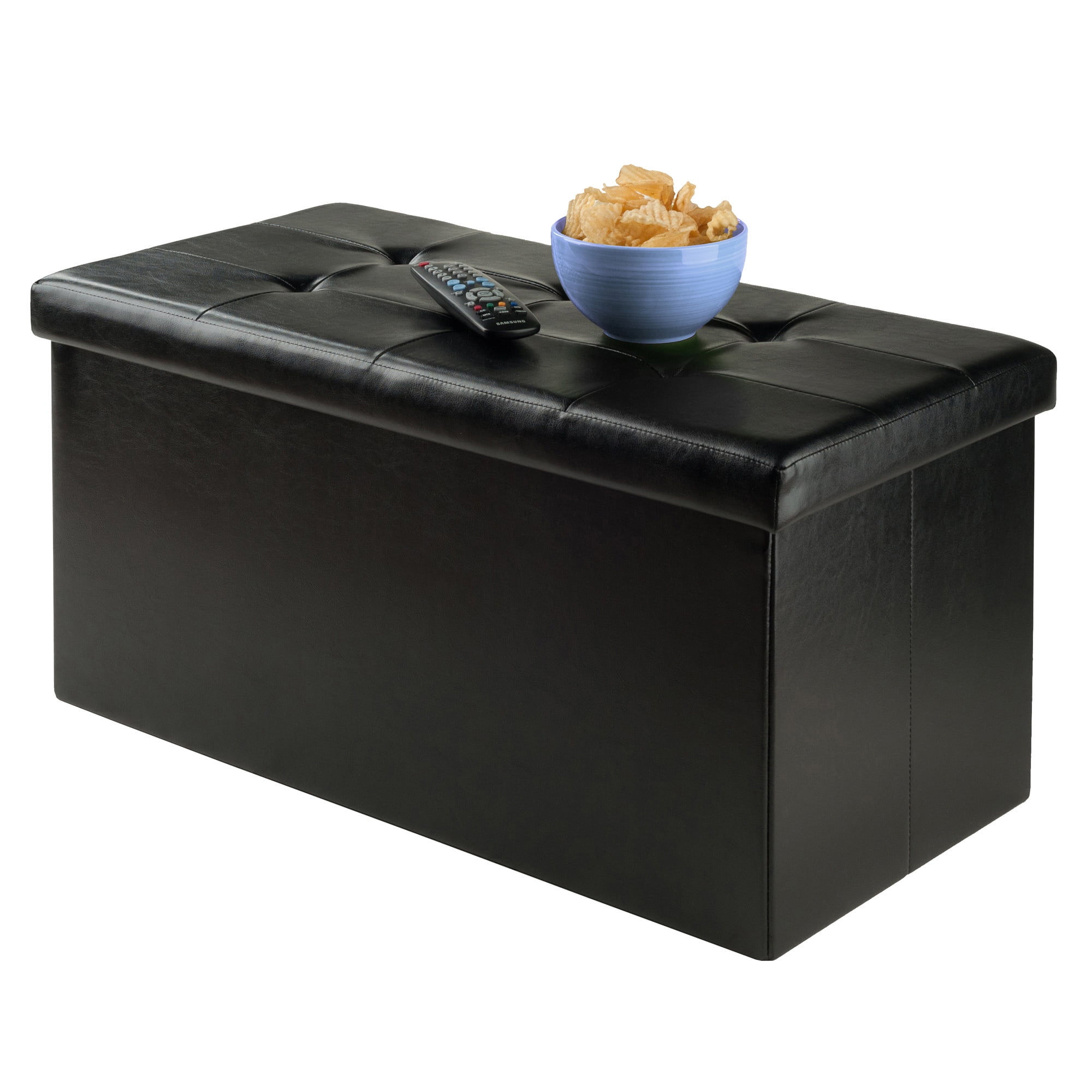 Winsome Wood Ashford Rectangular Storage Ottoman, Black Faux Leather