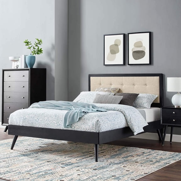Maklaine Queen Wood Platform Bed with Splayed Legs in Black/Beige