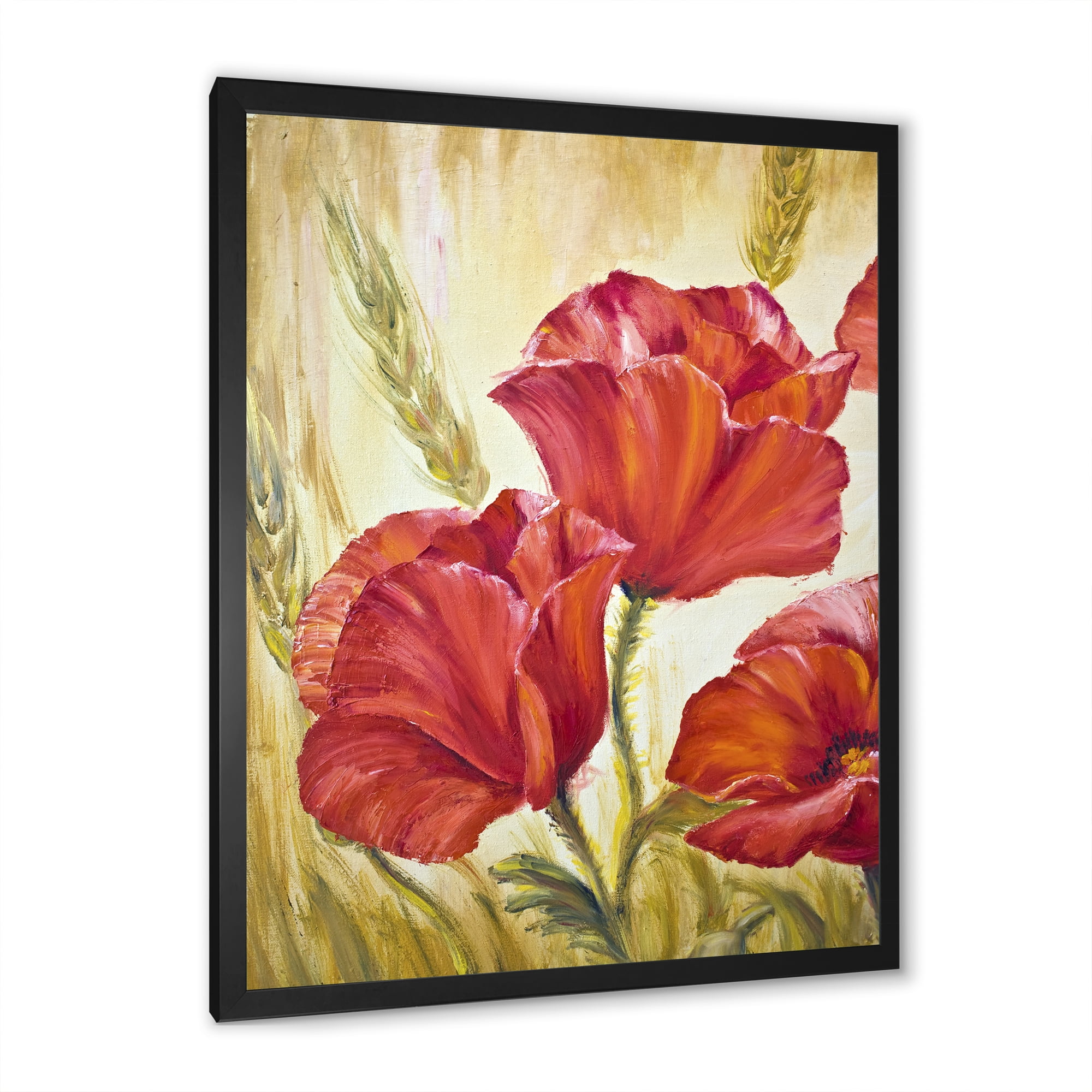 Designart 'Blossoming Red Poppies In Wheat Fields II' Traditional Framed Art Print