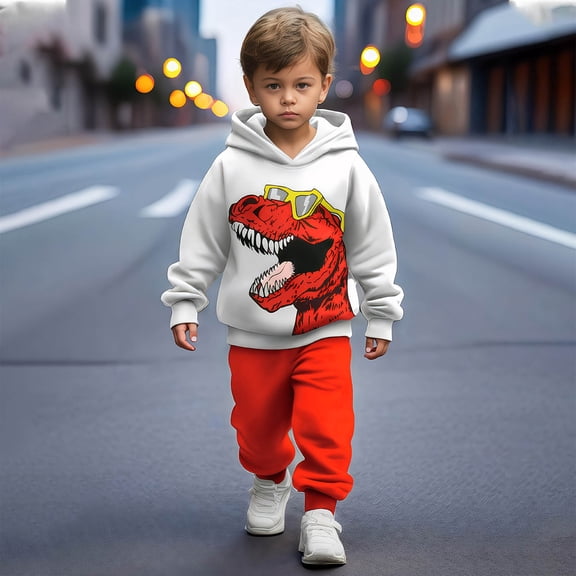 RTKFRFLM Boys Kids Lined Hoodie & Joggers Set Dinosaur Print Warm Casual Play Outfit 2-9Y