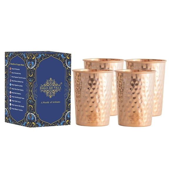 Indian Art Villa Handmade Copper Hammered Drinking Glass Tumblers for Water & Beverages, Brown Finish, Drinkware – 9.3 oz Each, Set of 4 Pcs