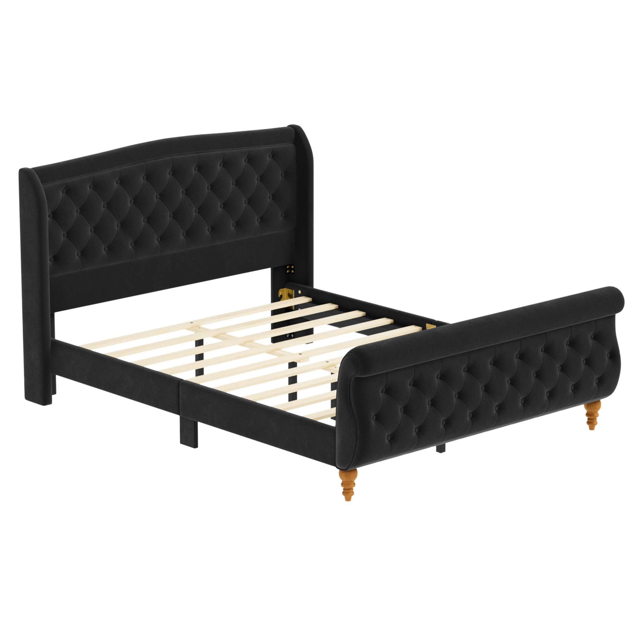 GDF Studio Orlan Queen Size Velvet Upholstered Sleigh Platform Bed Frame with Wood Slat Support, Modern Design, Black