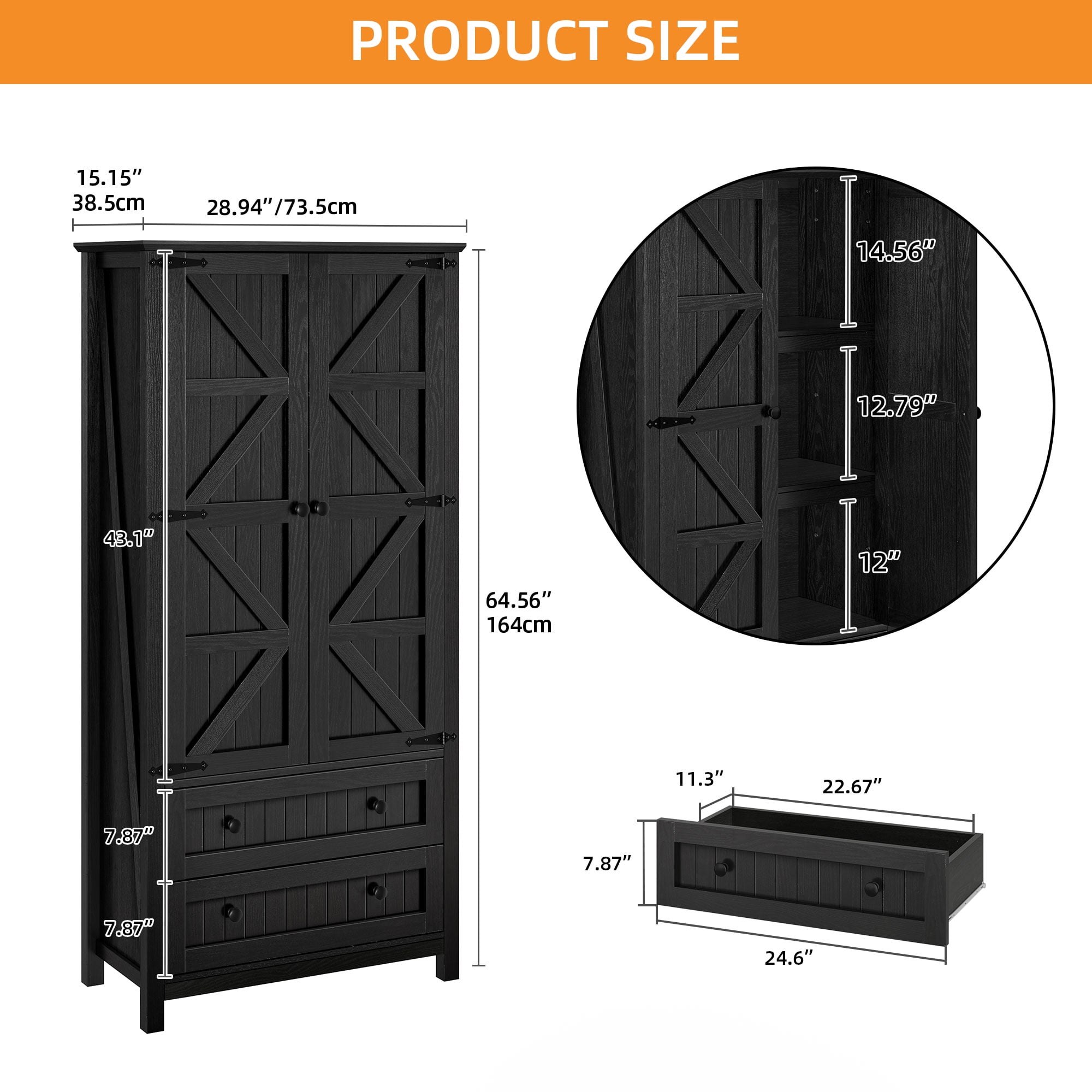 Craftian Kitchen Pantry Cabinet with Storage Shelves, Storage Cabinet with Doors & Drawers, Black