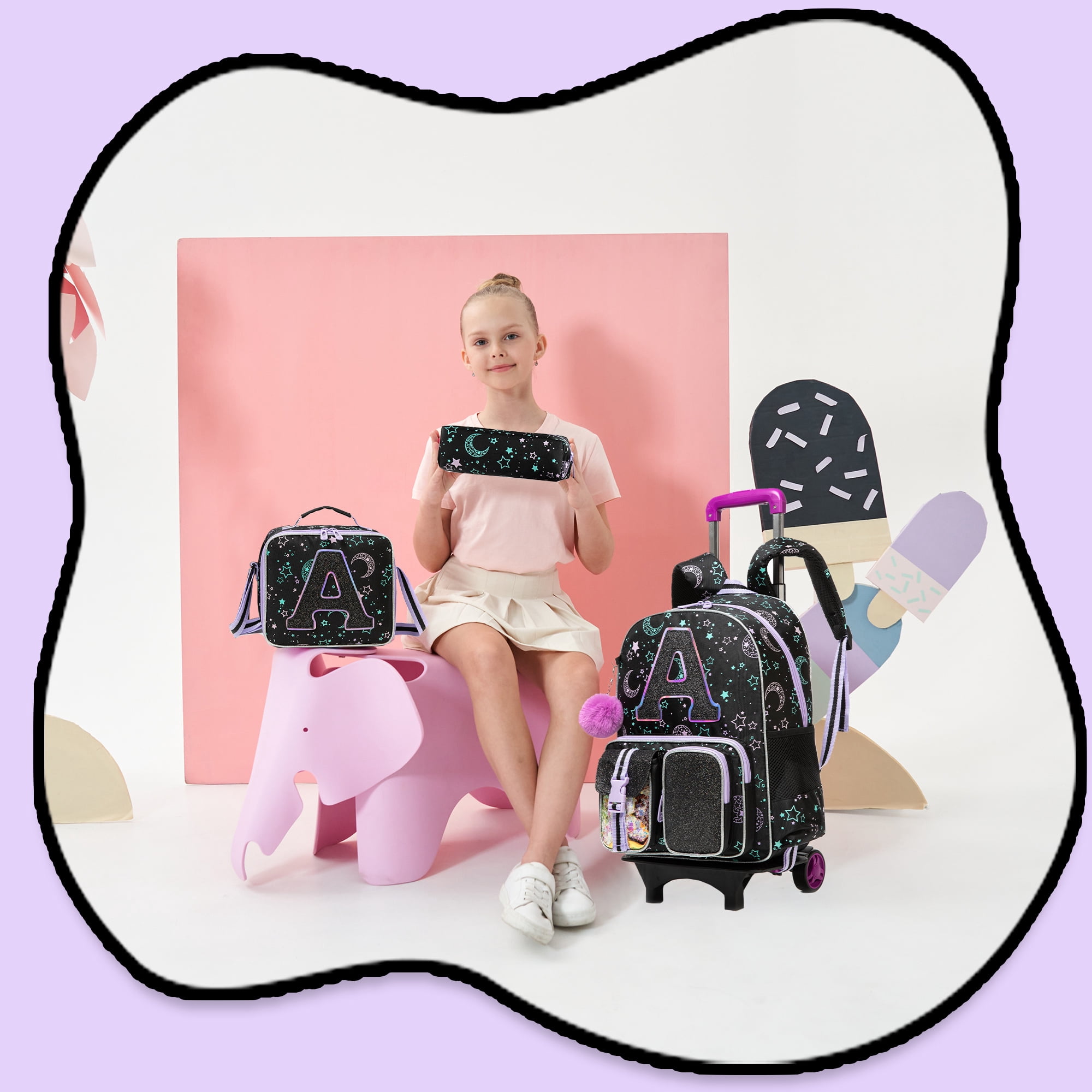 Kids Rolling School Backpack for Girls with Wheels Sequin Cute Carry on Roller Bookbag,Backpacks with Lunch Box for Elementary Student