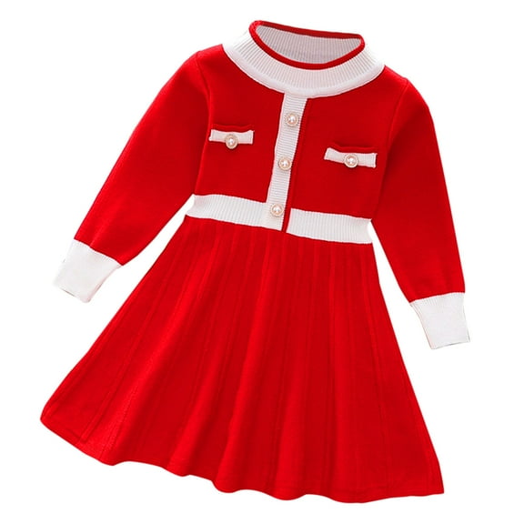 MEZZALL Girls Long Sleeve Knitted Dress Princess Elegant O-Neck Festive Dress For Wedding Winter Dress Trendy Toddler Sundress, Red, 5-6 Years