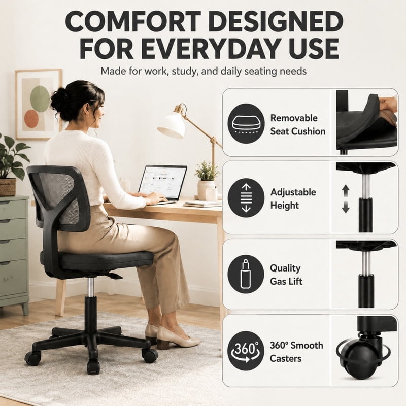 BEAUTYPEAK Desk Chair with Y-Shaped Lumbar Support Adjustable Armless Mesh Office Chair with Wheels for Home Office, Black