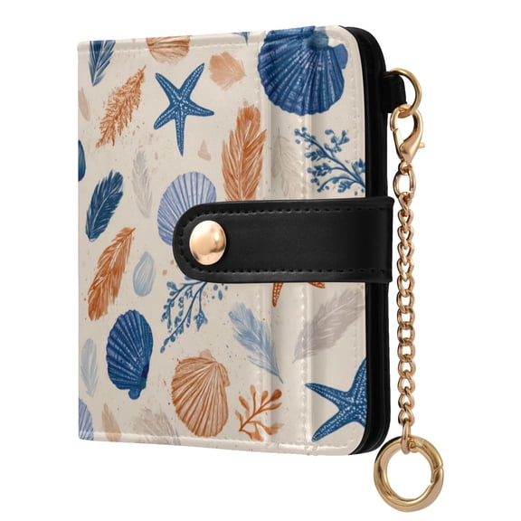 Womens Wallet PU Leather Bifold Small Purse with RFID Blocking Credit Card Holder Hand-drawn Shell Pattern